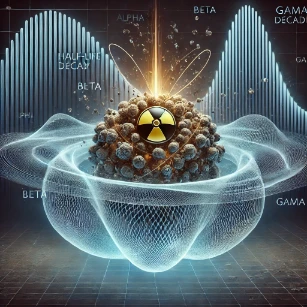 Radioactive Decay, showing an unstable nucleus emitting alpha, beta, and gamma radiation as it transitions to a stable state.