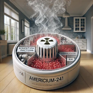 Smoke detector utilizing Americium-241, showing how ionized air is disrupted by smoke particles, triggering the alarm.