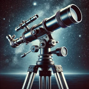 a modern astronomical telescope, mounted on a sturdy tripod with adjustment knobs and a finderscope, set against a starry night sky.