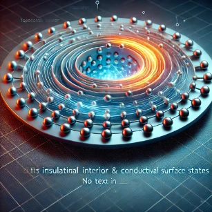 Topological Insulator. It visually represents its insulating interior and conductive surface states, highlighting its applications in quantum computing and spintronics.