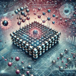 An illustration of advanced materials and statistical thermodynamics, depicting atomic structures of semiconductors, superconductors, and nanomaterials with energy flow and quantum effects.