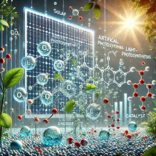 An illustration of artificial photosynthesis, depicting a system where solar energy drives chemical reactions to split water and convert carbon dioxide into synthetic fuels, inspired by natural plant processes.
