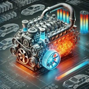 Automotive Industry, depicting an internal combustion engine with a cooling system, an exhaust system dissipating heat, and an electric vehicle’s battery cooling
