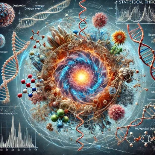 An illustration of biophysics and statistical thermodynamics, depicting molecular interactions such as protein folding, DNA hybridization, and molecular motors with dynamic energy landscapes.