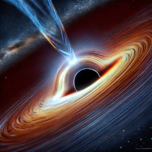 Black hole, showcasing its event horizon, gravitational lensing, and swirling accretion disk. The image captures the intense gravitational effects bending light and distorting space around it.