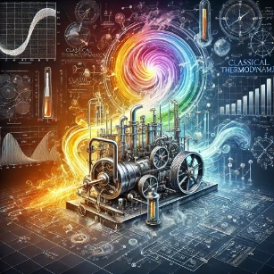 Classical Thermodynamics, depicting energy transfer in steam engines, refrigeration cycles, and power plants, with heat flow and thermodynamic equations subtly integrated into the background.