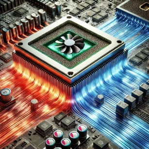 An illustration of electronics cooling, showcasing a microprocessor with a heat sink, cooling fan, and liquid cooling system, with thermal visualization highlighting heat dissipation and advanced cooling technologies.