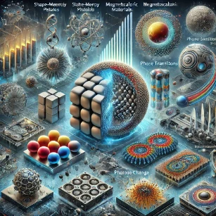 An illustration of emerging applications of Phase Equilibria and Phase Transitions, depicting shape-memory alloys, magnetocaloric materials, phase-change memory devices, and biomimetic materials with self-healing and responsive properties.