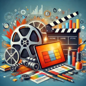Illustration of film and media production tools including film reels, clapperboard, color palette, and tablet interface.