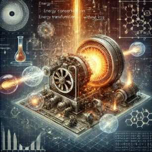 An illustration of the First Law of Thermodynamics, depicting energy conservation through heat engines, power generation, and chemical reactions, with glowing energy flows symbolizing energy