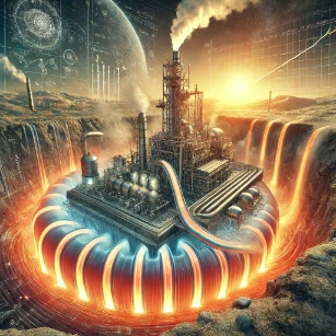 An illustration of geothermal energy and thermodynamics, depicting a geothermal power plant extracting underground heat, converting it into steam, and generating electricity through fluid dynamics and heat transfer.