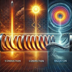 An illustration depicting the three modes of heat transfer: conduction through a heated metal rod, convection in swirling fluid currents, and radiation as infrared waves from a heat source.