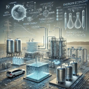 An illustration of the hydrogen economy and thermodynamics, showcasing hydrogen production via electrolysis, storage and transport infrastructure, and fuel cells generating clean electricity for zero-emission energy solutions.