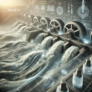 An illustration of hydropower and thermodynamics, depicting a hydroelectric power plant with flowing water driving turbines, converting kinetic energy into electricity using fluid dynamics and energy conversion principles.