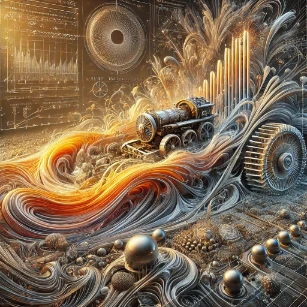 An illustration of irreversibility in thermodynamics, depicting heat dissipation, turbulent fluid motion, and frictional energy loss, highlighting entropy increase in real-world processes.