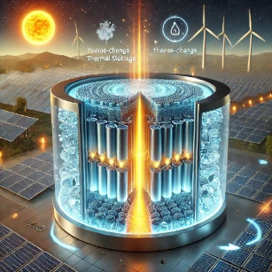 An illustration of phase-change thermal storage, depicting advanced materials absorbing and releasing heat efficiently within a renewable energy system, ensuring a continuous power supply.