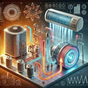 An illustration of refrigeration and air conditioning systems, depicting the vapor compression cycle, heat pumps, and air circulation, with thermal gradients highlighting efficient heat transfer processes.