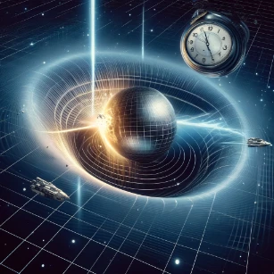 Relativity, illustrating gravitational time dilation, spacetime curvature, and the bending of light.