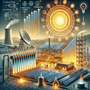 An illustration of renewable energy systems, depicting solar thermal power, concentrated solar power (CSP), geothermal energy, and biomass energy, with glowing heat transfer effects highlighting efficient thermal management.