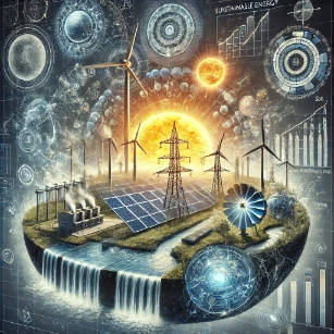 An illustration of Renewable and Sustainable Energy Thermodynamics, depicting solar panels, wind turbines, hydroelectric dams, and geothermal plants, with dynamic energy flow emphasizing thermodynamic efficiency and sustainability.