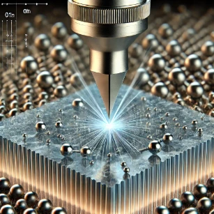 Scanning Tunneling Microscopy (STM), depicting a sharp conductive tip scanning a surface at the atomic level using quantum tunneling