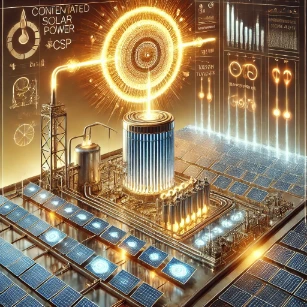 An illustration of solar power and thermodynamics, depicting solar panels converting sunlight into electricity and a concentrated solar power (CSP) plant using mirrors to generate thermal energy for electricity production.