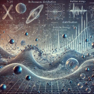An illustration of Statistical Thermodynamics, depicting molecular motion, energy distributions, and particle interactions, with thermodynamic concepts such as entropy and partition functions subtly integrated.