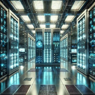 A highly advanced supercomputer data center, featuring towering server racks and quantum processing units with glowing cooling systems.