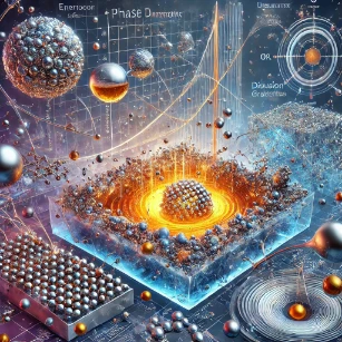 An illustration of the thermodynamics of materials, depicting phase transitions, atomic-scale diffusion, energy transfer effects, and a phase diagram highlighting material stability and transformations.