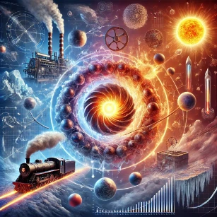 Thermodynamics: depicting energy transformations in nature and engineering, with heat flow connecting power plants, steam engines, and atmospheric processes.