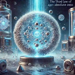 An illustration of the Third Law of Thermodynamics, depicting a crystalline structure near absolute zero, a cryogenic lab with advanced cooling technology, and glowing blue energy effects symbolizing extreme cold.