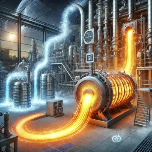 An illustration of waste heat recovery, showcasing thermoelectric generators and organic Rankine cycles capturing and reusing industrial waste heat to generate power, improving sustainability and energy efficiency.