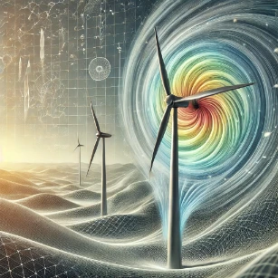 An illustration of wind energy and thermodynamics, showcasing modern wind turbines with aerodynamic blade designs, airflow patterns, and energy transfer to maximize wind power generation.