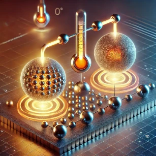 An illustration of the Zeroth Law of Thermodynamics, depicting three interacting systems in thermal equilibrium, with balanced heat transfer and a thermometer representing temperature measurement.