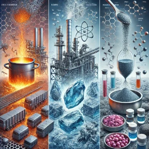 n illustration of current industrial applications of Phase Equilibria and Phase Transitions, depicting metallurgical solidification, food preservation through freezing and dehydration, and pharmaceutical crystallization processes.
