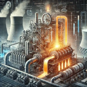 Power Plants: showcasing steam generation in boilers, turbines converting energy, and cooling systems optimizing efficiency in fossil fuel and nuclear plants.