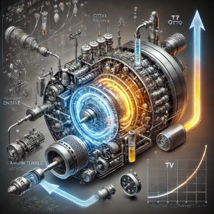 An illustration of thermodynamic cycles, depicting a steam turbine (Rankine cycle), an internal combustion engine (Otto cycle), and a refrigeration system (vapor compression cycle) with energy flow visualization.