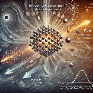 An illustration of thermodynamic fluxes and forces, depicting temperature, concentration, and pressure gradients driving heat transfer, particle diffusion, and momentum flow in non-equilibrium thermodynamics.