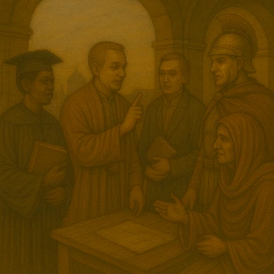 Oil painting of diverse figures including a graduate, a professor, a soldier, and a scholar in conversation under arched architecture.