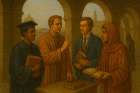 Oil painting of four diverse students or scholars in discussion, set in an academic courtyard with arches and domes.