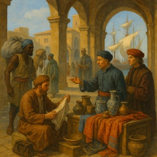 A traditional painting of a multicultural ancient trade port with merchants exchanging goods under stone archways, with docked ships and camels in the background.