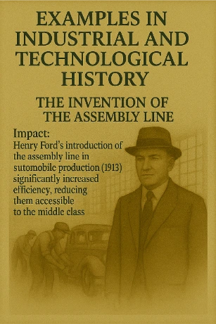 Illustration of Henry Ford and factory workers on an assembly line producing early cars, symbolizing the industrial impact of the 1913 assembly line.