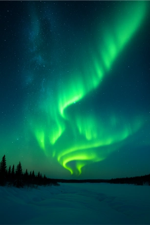 A brilliant green aurora arcs across a star-filled night sky over a snowy forest landscape, with swirling light patterns illuminating the frozen ground below.
