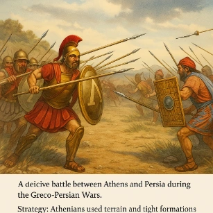 Illustration of the Battle of Marathon showing Athenian hoplites defeating Persian forces with phalanx formation.