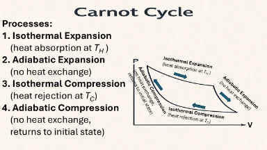 Diagram of the Carnot Cycle showing a four-segment closed loop on a pressure-volume (P–V) graph, illustrating the idealized heat engine cycle