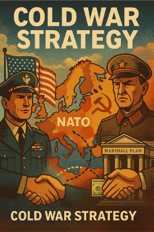 Cold War strategy illustration showing U.S. containment policy with NATO military alliance and Marshall Plan economic aid