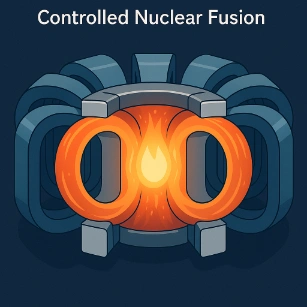 A simplified digital illustration of a tokamak reactor showing bright orange plasma confined within a toroidal vacuum chamber, surrounded by magnetic field coils labeled “Controlled Nuclear Fusion.”