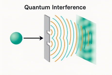 A diagram showing quantum interference in the double-slit experiment, with a particle source, two horizontal slits, and an interference pattern forming on a detection screen.