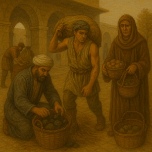 Oil painting showing workers and vendors handling produce and goods in an ancient market.