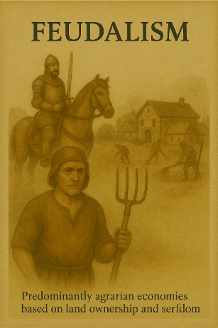 Illustration of feudalism showing a serf with a pitchfork, a mounted knight overseeing farmland, and peasants laboring near a manor house.